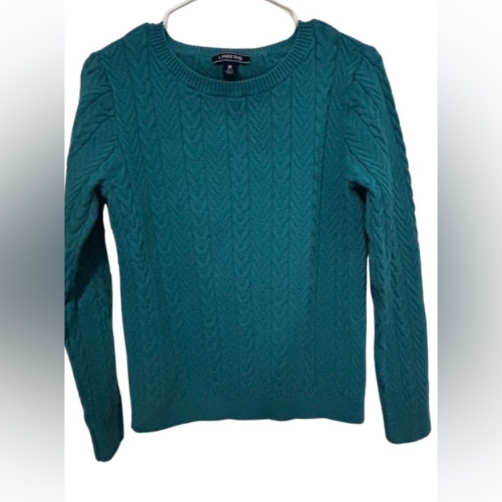 Lands End Cable Knit Crewneck Sweater - Teal